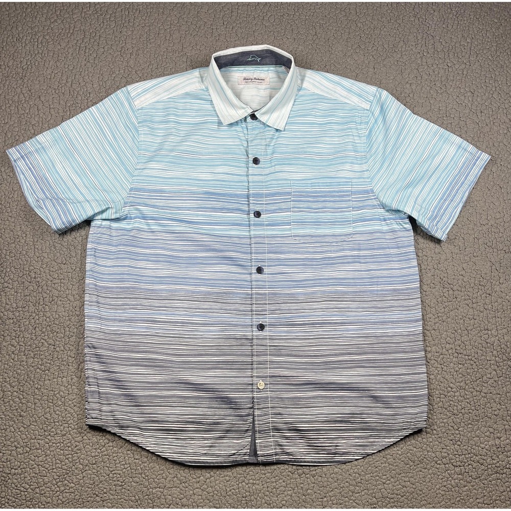 Tommy Bahama Shirt Mens Large Blue Stripe Short Sleeve Coconut Point IslandZone